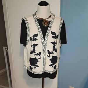 Floral Embroidered Vest with Black and White Design